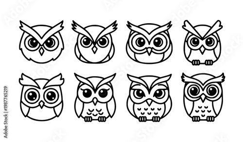Six unique owl icons cute black white vector set