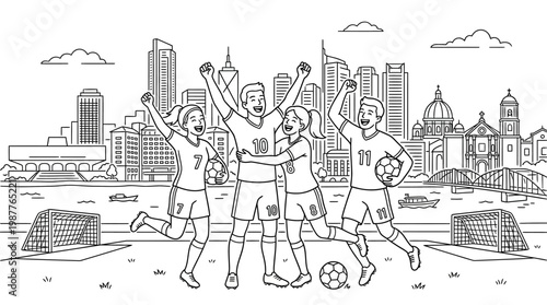 Soccer Team Celebrating Victory in Front of City Skyline