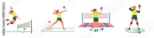 Set of vector illustrations of a professional female volleyball player performing various actions such as spiking, serving, and defending during a match.