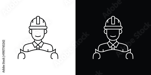 Line icon featuring an engineer or construction worker wearing a hard hat and holding a blueprint, symbolizing planning, building, and professional industrial services