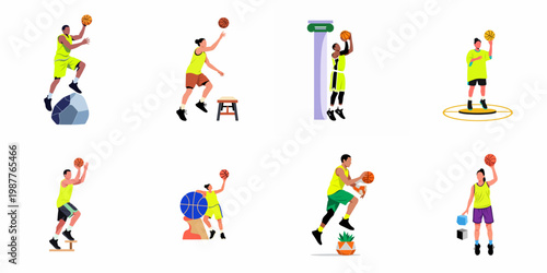 Collection of diverse basketball players in various poses with surreal and abstract elements, isolated on a white background.