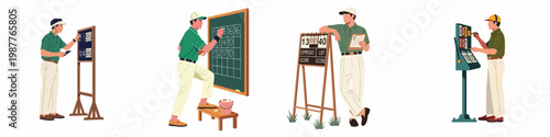 Set of illustrations showing professional golf officials or caddies updating scoreboards and tracking match progress during a tournament on white background.