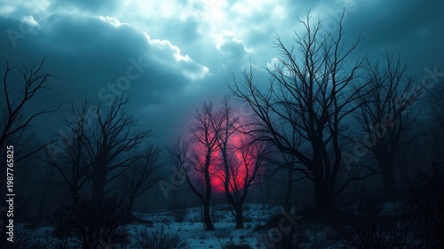 Eerie dark fantasy forest with glowing red moon and cloudy sky