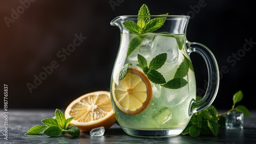 Refreshing Lemon Mint Infused Water in Glass Pitcher with Ice