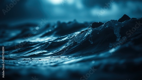 dramatic ocean wave crashing in stormy blue twilight with moody lighting