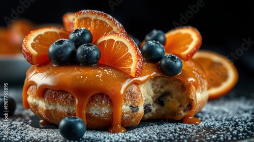 Delicious donut with caramel glaze, orange slices, and blueberries