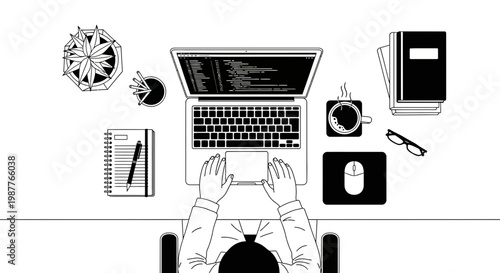 Organized overhead view of a remote worker's tidy desk, laptop and coffee, efficient workspace