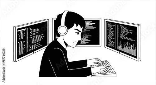 An intensely focused remote worker dedicates attention to coding, program lines displayed across screens
