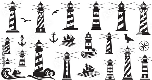 Nautical lighthouse icons, black and white vector set, 20 nautical symbols, maritime navigation elements