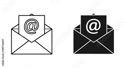 Minimalist email and contact icons featuring an open envelope with an at symbol for digital communication, business messaging, and newsletter subscription services.