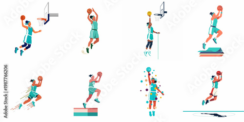Collection of female basketball player vector illustrations in various action poses like jumping and shooting, featuring a flat minimalist design style.