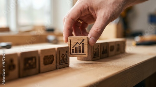 Wooden Blocks House Building Model Icon for Architecture Design and Construction Planning