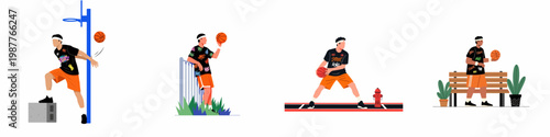 Flat vector illustration set of a young man in urban streetwear playing and posing with a basketball in various outdoor locations.