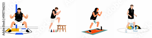 Set of Illustrations Showing a Young Man Performing Various Fitness Exercises and Athletic Training Drills for a Healthy Lifestyle