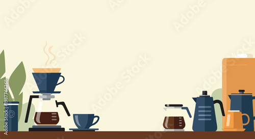 A clean vector illustration featuring a variety of coffee brewing tools like a pourover, carafe, and moka pot neatly arranged on a wooden table.