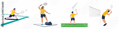 Set of flat vector illustrations depicting various male and female badminton players in action poses on a white background.