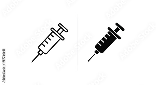 Minimalist medical syringe icons in outline and solid black styles for healthcare apps, vaccination campaigns, and clinical laboratory documentation.