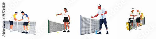 Flat Vector Illustrations of Diverse Tennis Players Showing Sportsmanship and Practicing on Court Isolated on White Background
