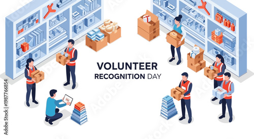 Isometric vector illustration depicting Volunteer Recognition Day, with volunteers carrying cardboard boxes, arranging supplies on shelves in a storage room, showcasing community service