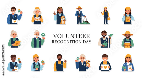 Against a white backdrop, diverse volunteers are depicted in a flat vector illustration, engaging in various acts of community service and charity, promoting volunteer appreciation day