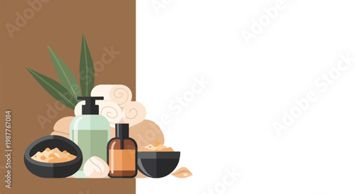 Vector illustration of spa essentials including lotions, oils, towels, and bath salts arranged against a minimalist brown and white background.