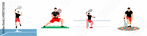 Set of flat vector illustrations featuring a male tennis player in different action poses on various court surfaces and backgrounds.