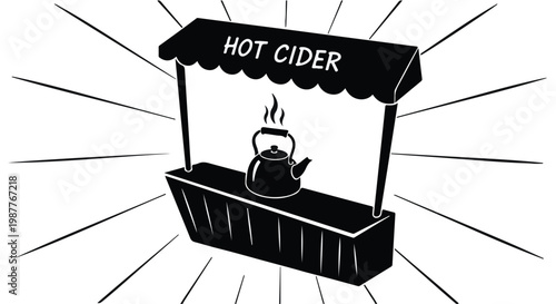 Market stall serving hot cider features a kettle on the counter with radiating sunburst lines in the background.