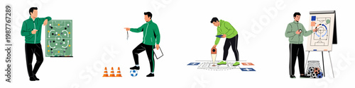 Set of flat vector illustrations depicting a soccer coach training athletes, planning team tactics, and analyzing performance data in various scenarios.