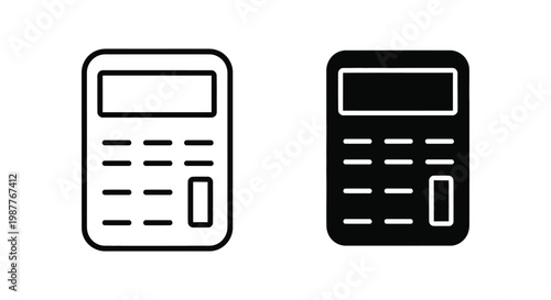 Minimalist calculator icon set in outline and solid glyph styles for financial accounting, business budget planning, and mathematical calculations.