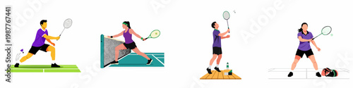 Set of flat illustrations featuring men and women playing badminton and tennis, showcasing active lifestyle and athletic skills.
