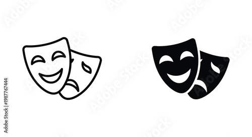 Classic comedy and tragedy theater masks presented in minimalist line art and solid silhouette styles for drama performance and storytelling concepts.
