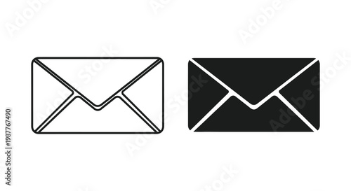 Set of minimalist envelope icons in outline and solid black styles for digital communication, email marketing, and business correspondence on a white background.