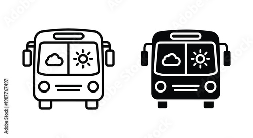 Minimalist bus icons with sun and cloud weather symbols designed for travel planning, sightseeing tour schedules, and urban public transportation apps