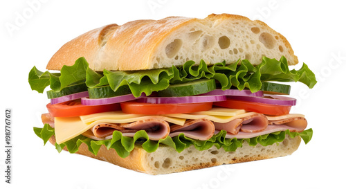 fresh sandwich isolated on white background, layered vegetables and meat