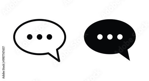 Minimalist black and white speech bubble icons with ellipsis dots representing digital communication, instant messaging, and social media dialogue for modern web interfaces.
