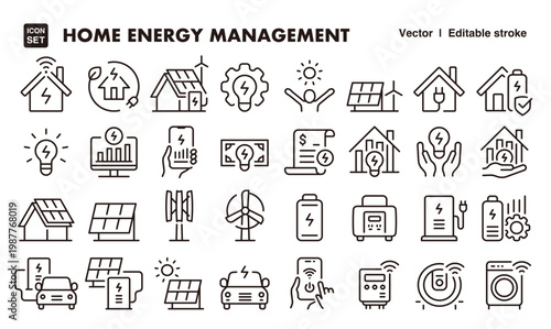 Smart Home Energy Management Icon Set – Editable Line Style
