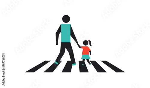 Pedestrian crosswalk safety icon parent and child walking street vector illustration design