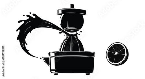 Citrus juicer extracts fresh juice from a halved lemon as a dynamic liquid splash emerges from the mechanism.
