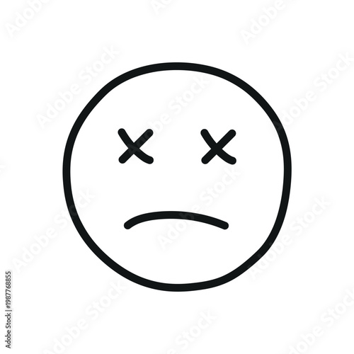 A simple line drawing of a round face with two crossed-out eyes and a downward-curved, frowning mouth. Simple doodle dead emoji vector illustration design.