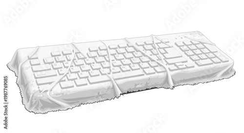 White keyboard covered by transparent plastic wrap