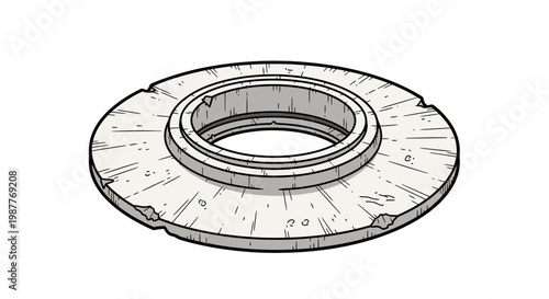 Circular concrete manhole cover with worn edges, cartoon style