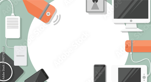 A flat lay vector illustration of various electronic gadgets arranged around a central circular space on a light green background.