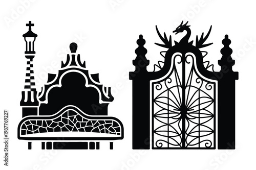 Modernist architecture details: park bench with mosaic stylized tower, modernist