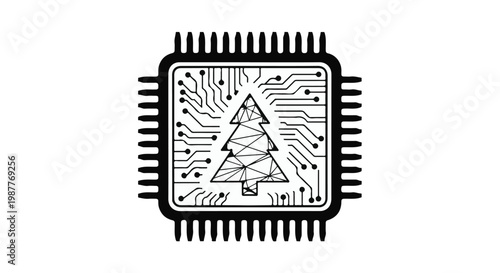 Computer chip features a stylized pine tree integrated into its circuitry to symbolize sustainable technology and green energy.