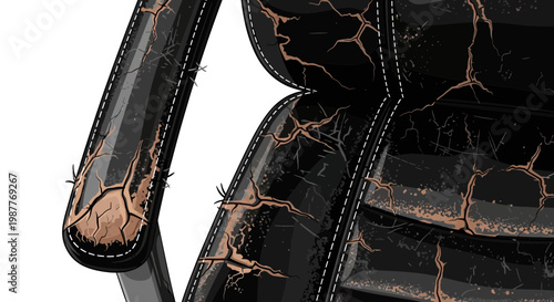 Close-up of worn, cracked black leather office chair armrest and seat