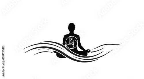 Meditating person sits in a lotus position surrounded by flowing water waves to represent mindfulness and inner peace.