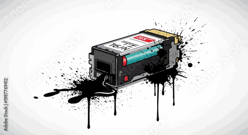 Ink cartridge with paint splatters, concept of creativity and mess