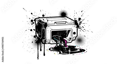 Inkjet printer leaking ink splatters, graphic illustration