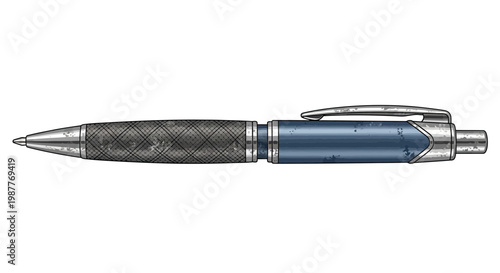 Luxury blue pen with textured grip and chrome accents, isolated on white background