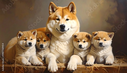 A family of five adorable canines with fluffy coats sits together. The large adult dog lovingly watches over four puppies, creating a cozy scene